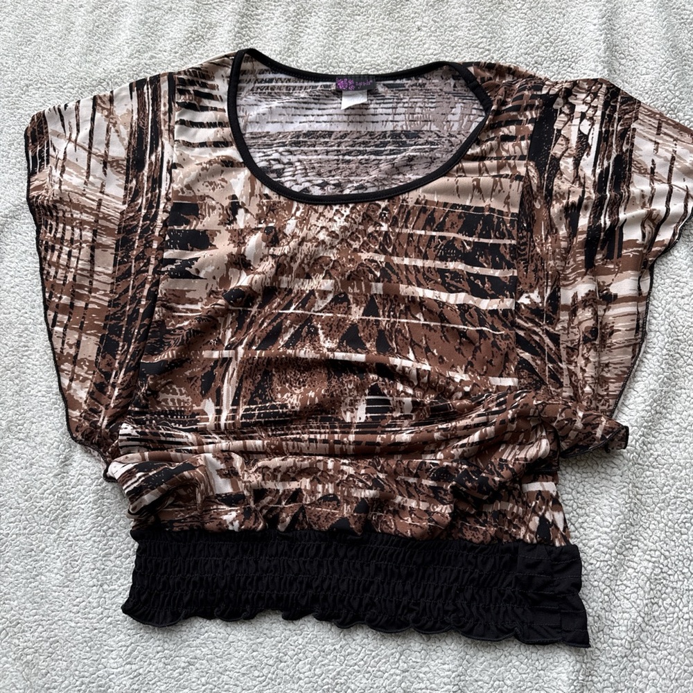 Agenda Brown & Black Abstract Print Crop Top with Smocked Hem